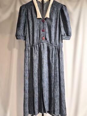 Vintage 80s Taurus II Blue Midi Dress | 40s Style | Contrast Collar